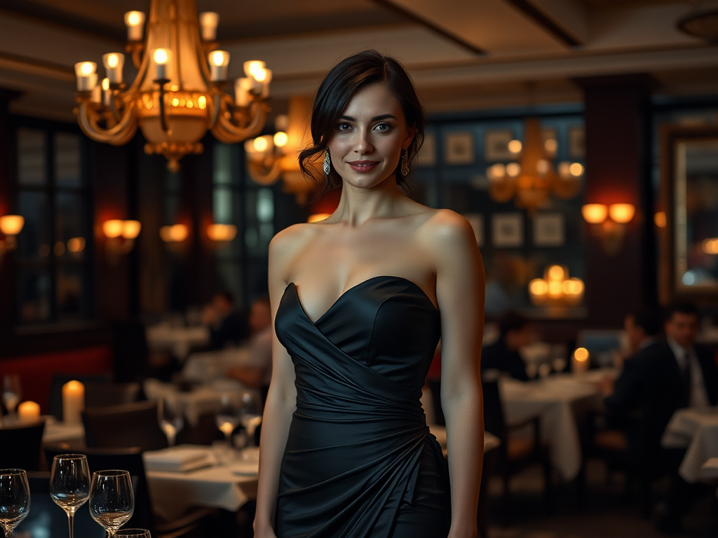 Kobieta w czarnej sukni wieczorowej stoi w eleganckiej restauracji, w otoczeniu lamp i gości.